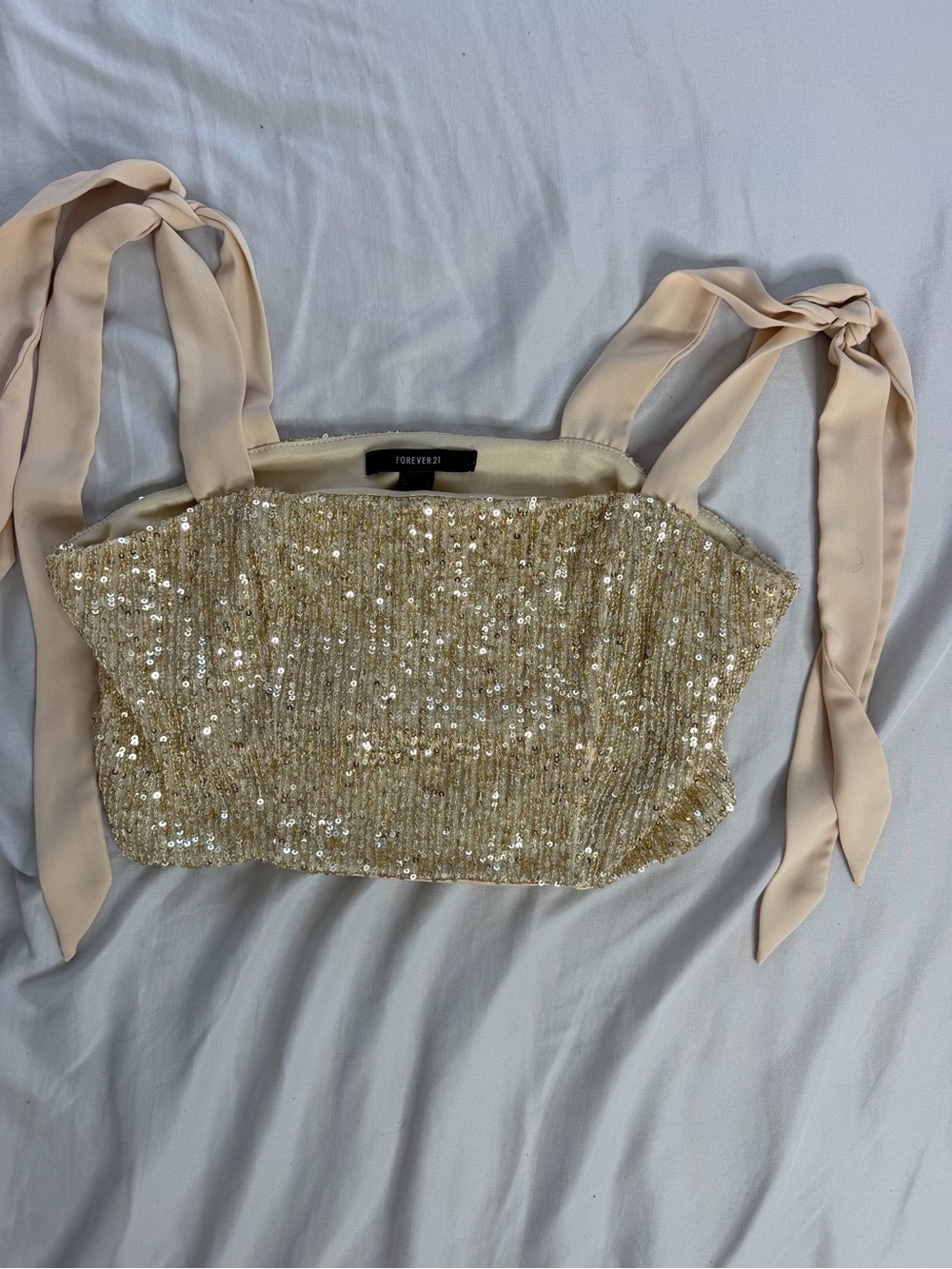 Forever 21 Gold Sequin Crop Top with Cream Tie Straps